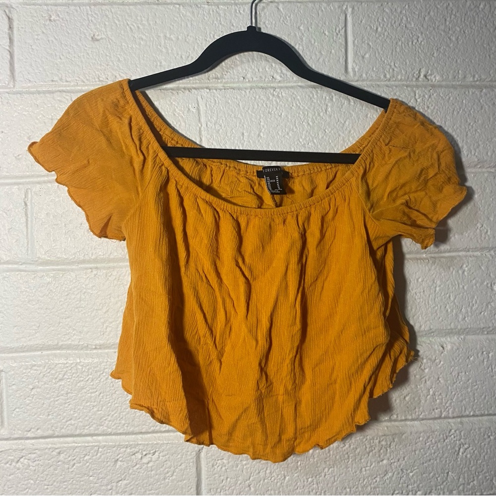 Flouncy Off Shoulder Bright Gold Yellow Short Sleeve Blouse Cropped Loose Fit